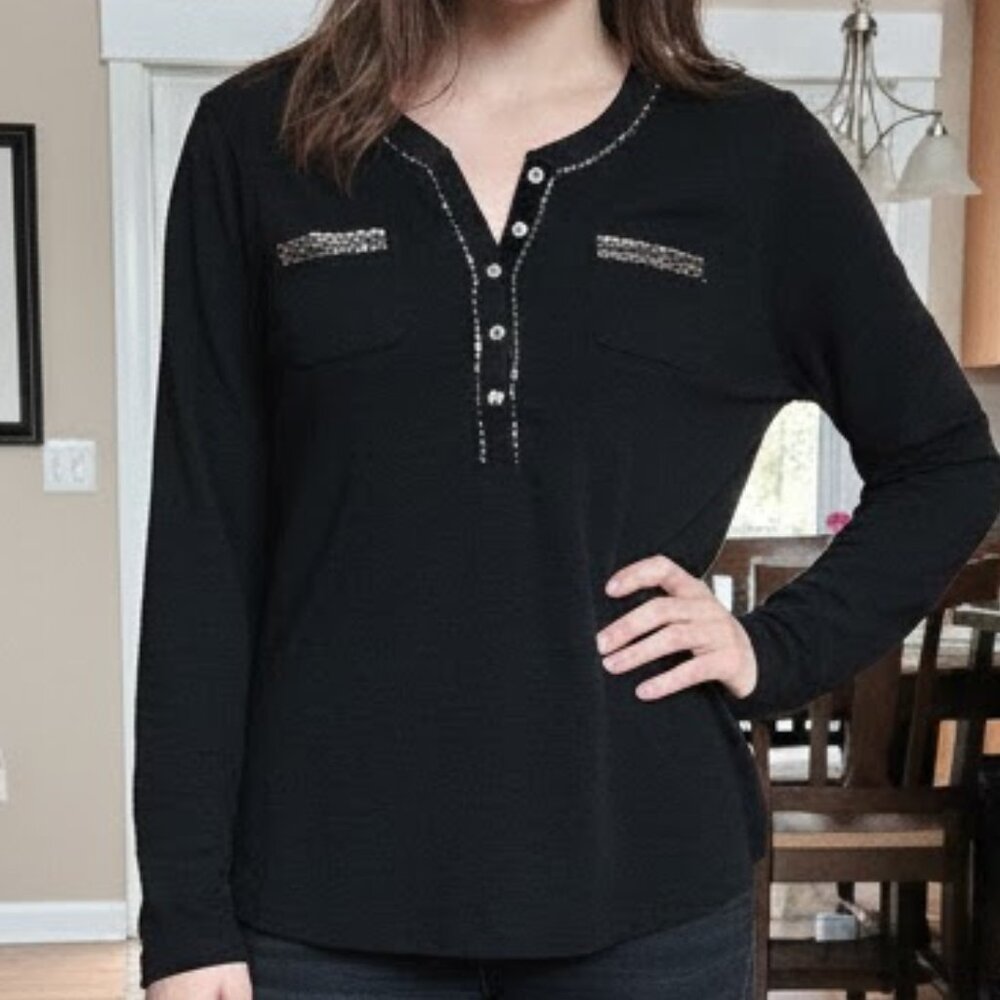 Chaps Ladies PXL Beaded neckline V Neck long sleeve pullover shirt